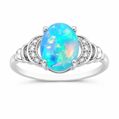 Natural Opal Inlaid Ring 925 Sterling Silver | 6x8mm Oval Opal Bezel Ring Rose Gold or White Gold | October Birthstone Gift for Her