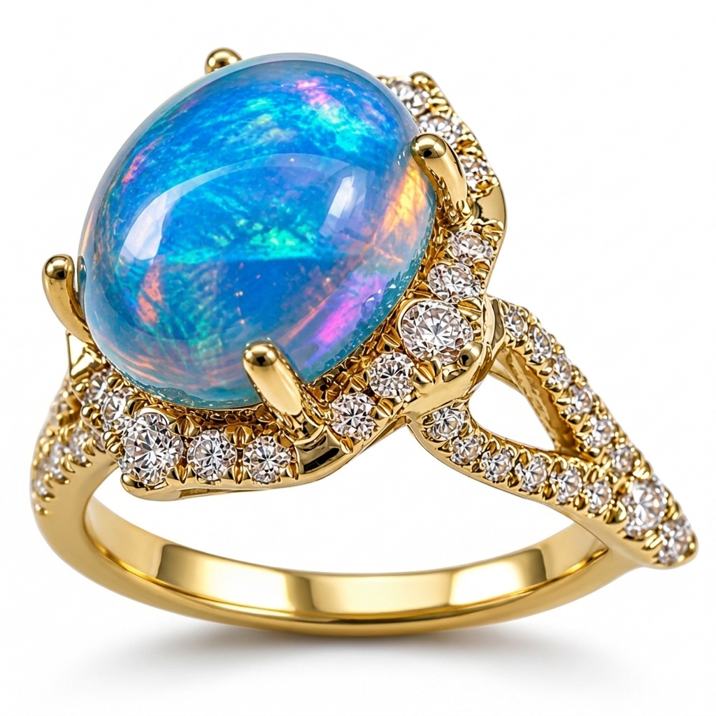 Oval White Fire Opal Halo Ring in 925 Sterling Silver | October Birthstone Engagement Ring Gift for Her