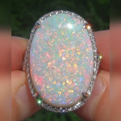 Vintage Oval Opal Statement Ring in Sterling Silver | Antique Style Large Opal Ring | October Birthstone Gift for Her